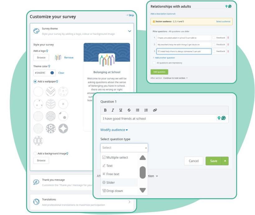 Perceptions product Customizable school surveys to gather feedback from students, staff, and families with targeted insights